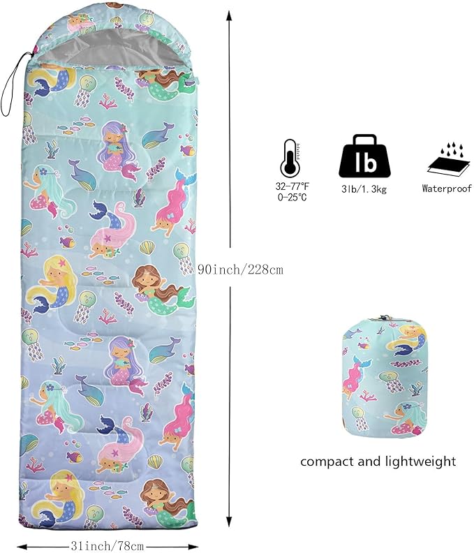 Kids Sleeping Bag for Boys Girls,Blue Ripples Print-Lightweight Warm Portable Outdoor Indoor-Waterproof Cold Weather Resistant Sleeping Bag for Camping Hiking
