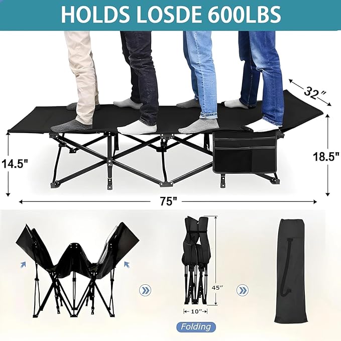 Folding Camping Cot for Adults - Heavy Duty Sleeping Cots with Carry Bag, Double Layer Oxford Portable Travel Camp Cots for Outdoor Camp Beach Home Office (Black Frame with Black Pad, 1PACK)