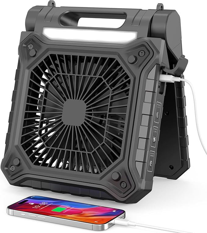 Solar Fan with LED Lantern - Battery Powered with Solar Panel, 90° Adjust, 3 Speed & Timer, 40Hrs Cooling, Rechargeable Battery Operated, Solar Powered for Camping Outdoor Fishing Travel RV Hurricane