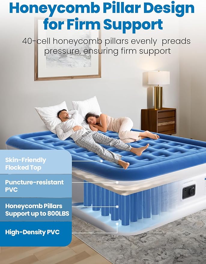 Queen Air Mattress with Built-in Pump, 18" Raised Comfort, 48Hr Leak-Proof Test, Upgraded Honeycomb Pillar Design, Supports 800 lbs, 3-Min Inflation-Inflatable Bed for Home Guests-Blue