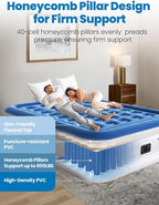 Queen Air Mattress with Built-in Pump, 18" Raised Comfort, 48Hr Leak-Proof Test, Upgraded Honeycomb Pillar Design, Supports 800 lbs, 3-Min Inflation-Inflatable Bed for Home Guests-Blue