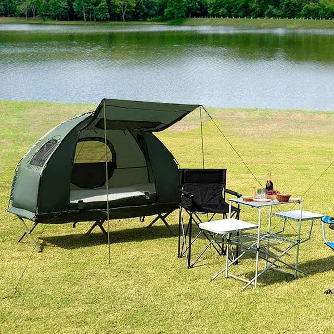 Moccha Folding Camping Tent Cot with Sleeping Bag and Air Mattress, Elevated Camping Tent with Carry Bag for Outdoor Activity, Hiking, Picnic (1-Person)