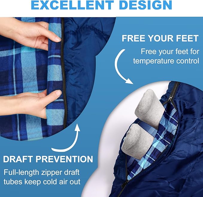 XL Queen Size 2 Person Double Sleeping Bag for Adults, Lightweight Compact with Flannel Liner & Thermolock Draft Tube, Machine Washable All Season Camping Travel