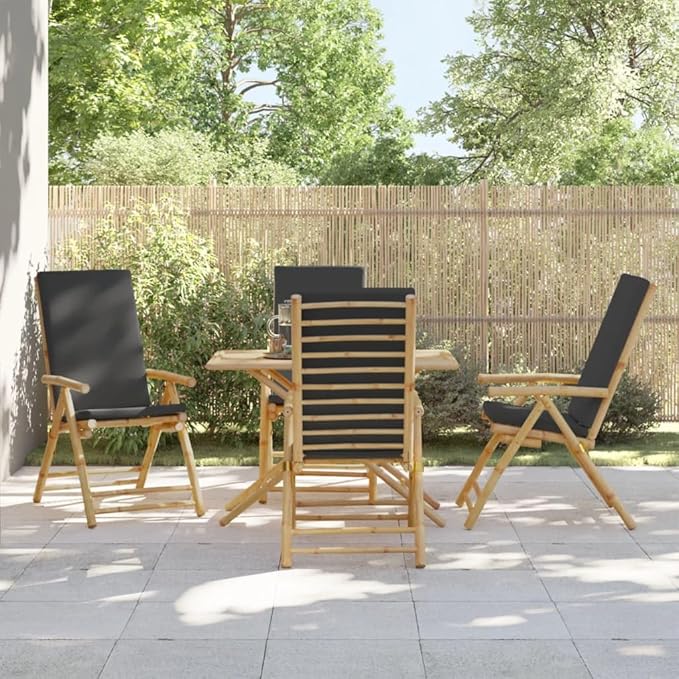 4 Piece Folding Patio Reclining Chairs with Dark Gray Cushions Bamboo Lounge Chair Camping Chair Lawn Chairs Living Room Chairs for Bedroom Patio Outdoor Dining