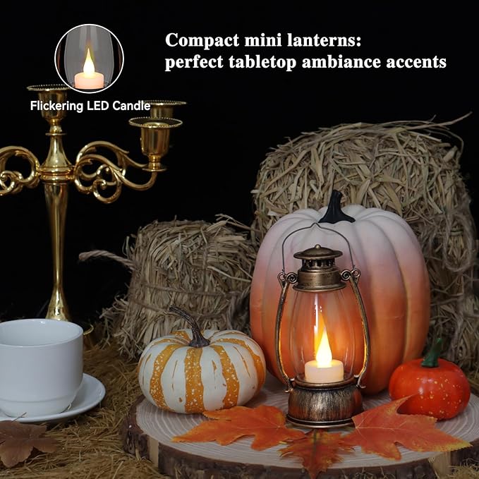 12PCS Bronze Mini Lanterns with Remote Control, 5.1" H/13cm Small Vintage Western Lanterns for Christmas Table Centerpieces, Halloween/Camping Party Decorations, Indoor Hanging & Table