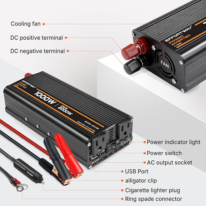 1000W Power Inverter, Inverter 12V to 110V with 2 AC Outlets, 2.1A USB Port, Car Power Inverter with Alligator Battery Clamp for Phone, Laptop on Camping, Road Trip