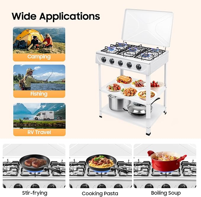 5 Burners Natural Gas Stoves, Portable Outdoor Stove with 2 Tier Storage Rack, 2.5kw Free Standing Grill Dual Natural Gas Cooker for Camping Picnic Home RV Cooking (White)