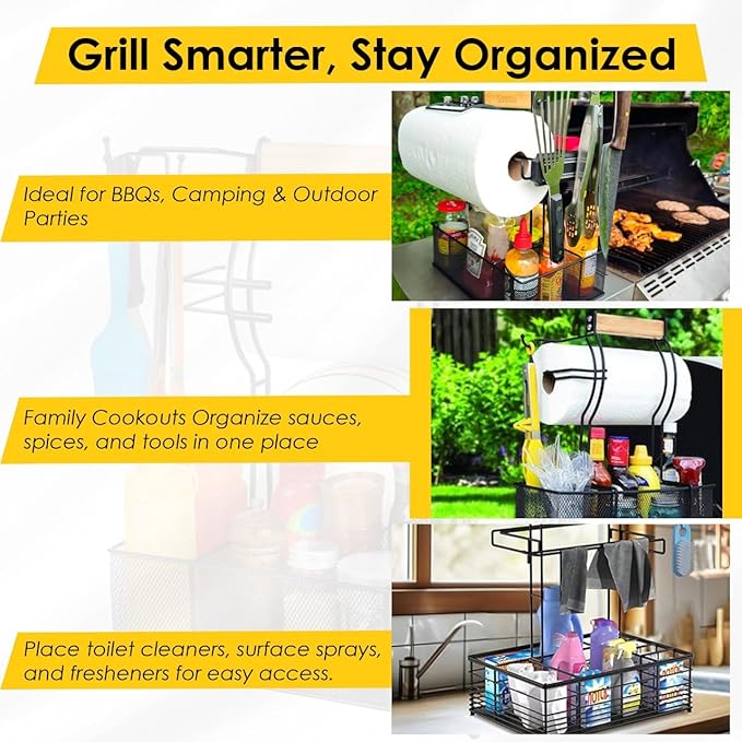BBQ Grill Caddy with Paper Towel Holder, Utensil & Condiment Organizer, Large Metal BBQ Caddy for Outdoor Grill, Camping, RV, Tailgating, Picnic, Patio, Gifts for Men