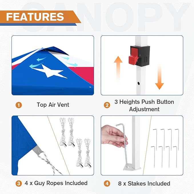 EAGLE PEAK Commercial Canopy 10x10 Pop Up Canopy Tent with 1 Sidewall, Easy Setup Heavy Duty Instant Event Shelter for Vendors & Markets, Outdoor Sun Shade, Tex Flag