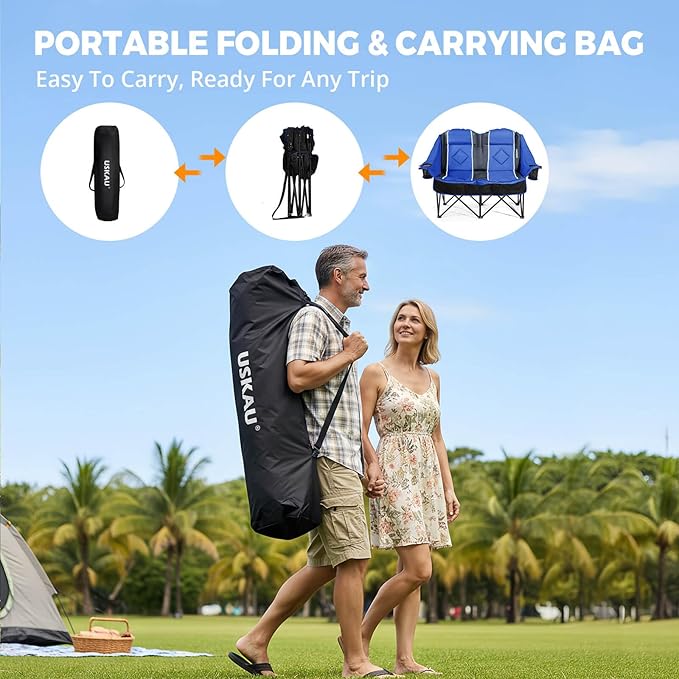 Oversized USLCamping Chair - 2 Person Portable Folding Outdoor Loveseat Heavy Duty Lawn Chairs for Adults with Padded Cushion & Dual Cup Holders, Supports 660LBS for Camping，Sports，Picnic