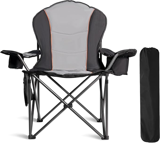 Oversized Camping Chair Heavy Duty- Portable Folding Chair, Cup Holder & Waterproof Phone Case for Adults, Beach, Hiking, Backyard (Black & Light Gray, 1 PCS)