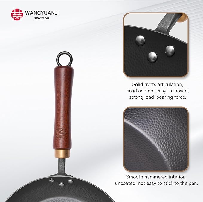 WANGYUANJI 10Inch Carbon Steel Skillet,Hand-Hammered Frying Pan with Removable Handle No Chemical Coating,Flat Bottom Pow Wok Pan for Electric,Induction,and Gas Stoves (Seasoning Required)