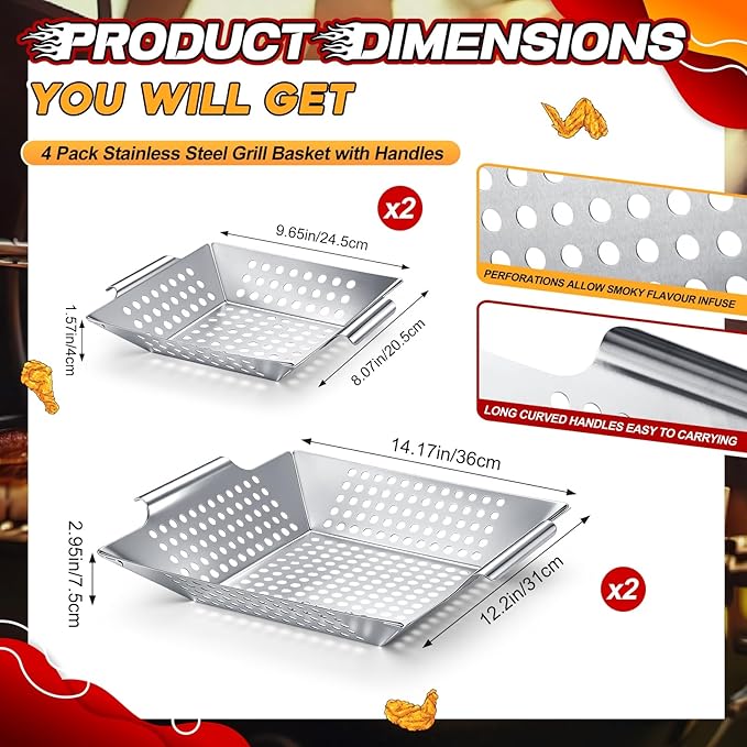 Mifoci 4 Pcs Vegetables Grill Baskets for Outdoor Grilling 14.17'' 9.65'' Extra Large Stainless Steel Vegetable Grill Basket with Handles for Veggies BBQ Accessories Camping Smokers Gifts, 2 Sizes