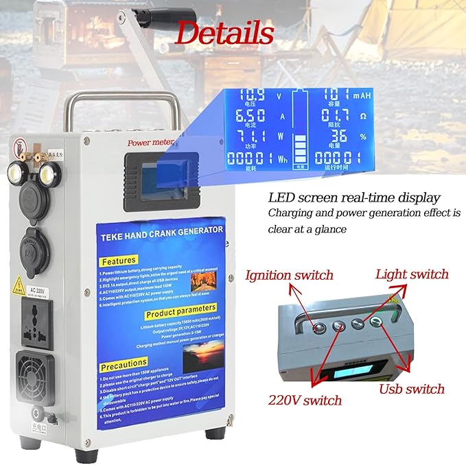 200W Outdoor Emergency Generator, Household Manual Generators,Portable Hand Crank Generator,110v /220v DC12V USB 5V Small Power Supply,for Emergency,Camping,Power Outages 46AH/500W