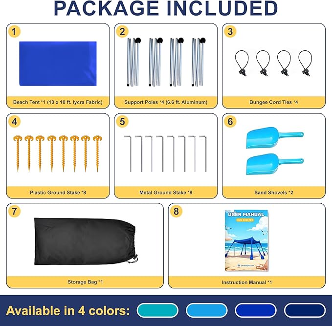 Beach Tent Sun Shelter UPF 50+,10x10 FT Beach Canopy Tent Sun Shade,Pop Up Beach Canopy with 8 Sandbags,Outdoor Beach Shade for Camping Trips, Fishing, Backyard Fun Picnics (Royal Blue)