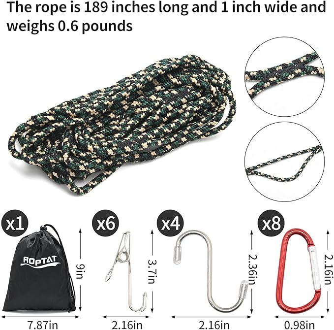 Roptat Campsite Storage Strap with 12 PCS Buckles&6 Clothes Pins Clothesline Hanging Gear for Tent Campers Car Camping Garden Supplies Family RV Trailer Hanging Gear (with Buckles)