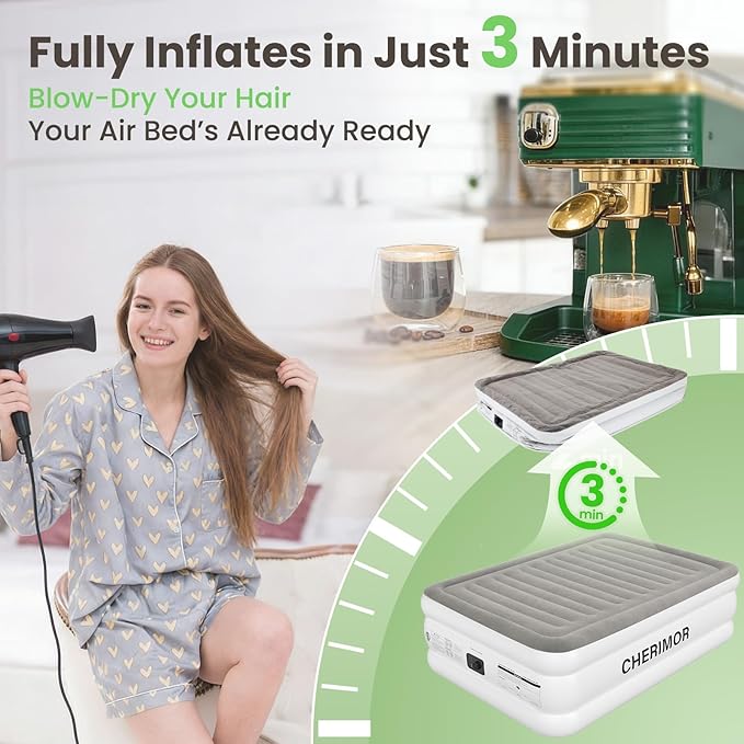 Air Mattress Queen with Built in Pump, 18" Raised Comfort, Anti-Sag Horizontal Beam, 800lbs Heavy-Duty Support Blow Up Mattress, Multi-Layer Leak Proof Air Bed for Home Guests Camping