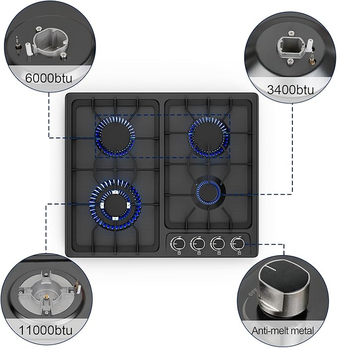 FVBADE 24inch 4 Burners Gas Cooktop Stainless Steel Built-in Gas Stove with NG/LPG Convertible Dual Fuel with Thermocouple Protection for Kitchen，Outdoor, Camping, RV