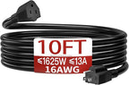 16/3 Short Extension Cord 10 FT, Black Extension Cord Flexible & Durable, Indoor 3 Prong Power Cable, Suitable for Home and Office, 13 Amp 1625 Watt 125VAC 16AWG, ETL Listed