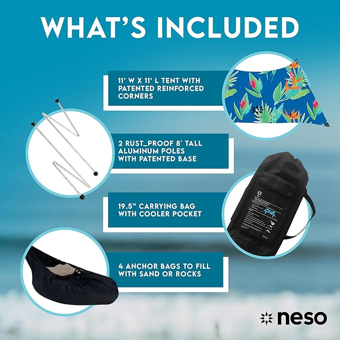 Neso Gigante Portable Beach Tent Sun Shelter - Lightweight Beach Shade Canopy - Easy Setup for Family Outings - Patented Reinforced Corners - UPF 50+ - 8ft Tall, 11 x 11ft - Tropical Floral