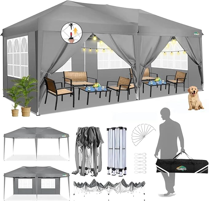 COBIZI 10x20 Pop Up Canopy Tent with 6 Sidewalls Party Tents Waterproof UPF 50+ Commercial Instant Outdoor Events Tent for Parties Markets Backyard, Ropes（10 x 20 ft Gray