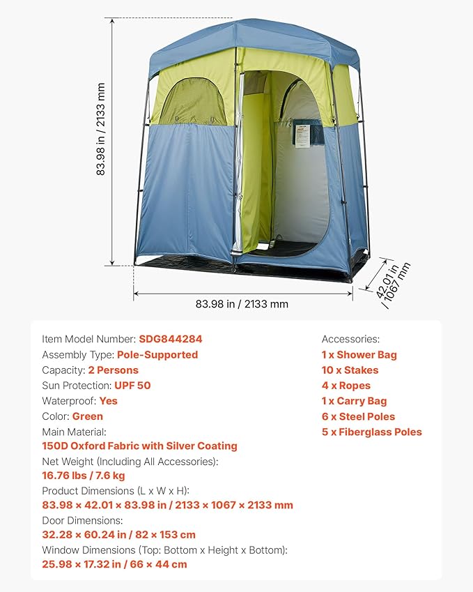 VEVOR Camping Shower Tent, 2-Room Portable Privacy Tent Changing Room with Shower Bag, Ground Stakes, Ropes, Carry Bag, and Support Poles, 150D Oxford Fabric with Silver Coating, for Camping, Fishing
