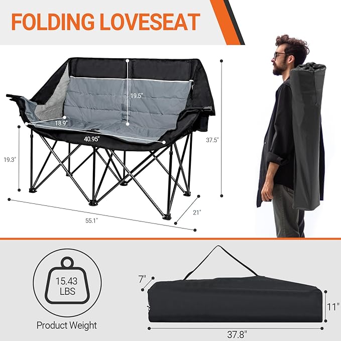 Double Camping Chair for Adults - Heavy Duty 700LB Oversized Padded Camping Loveseat, 2 Person Folding Outdoor Chair with Cup Holders for Lawn, Backyard (Grey)
