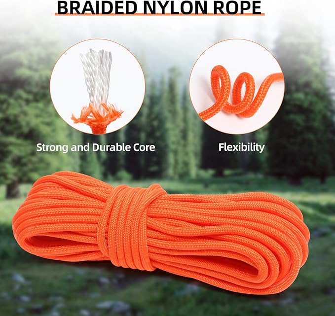 Nylon Rope, 1/4 inch 50FT Nylon Poly Rope Utility Cord Strong Polyester for Camping, Hiking, Clothesline, Tie, Flag Pole, Marine, Swing Outdoor & Indoor (6mm Orange)