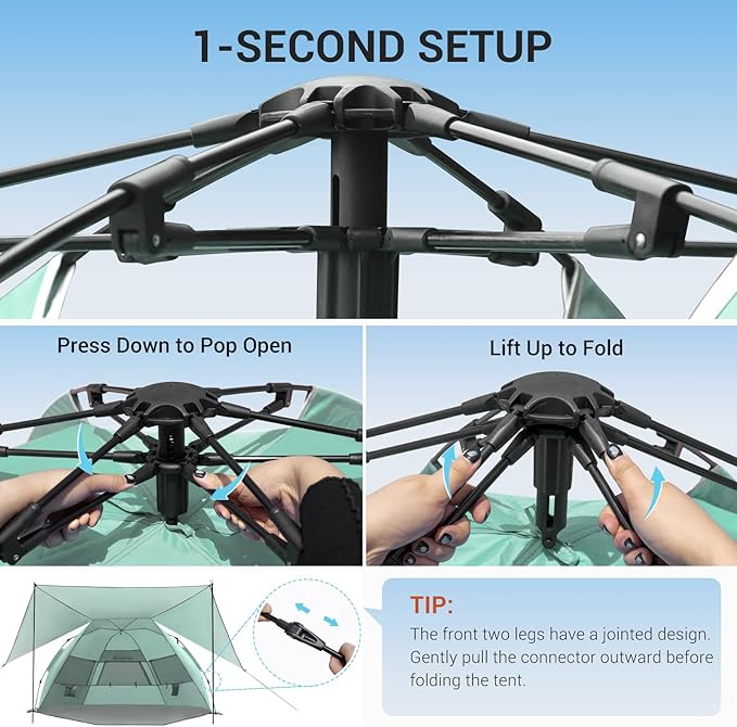 Elegear Beach Tent with Canopy, 1-Second Setup Pop Up Sun Shelter Shade, UPF 50+ UV Protection Silver-Coated Lightweight Portable Beach Cabana