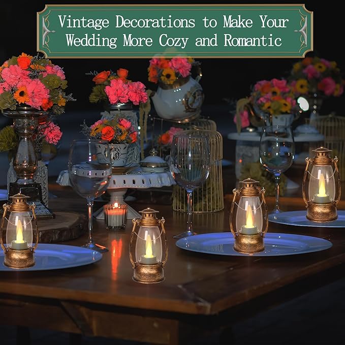 LLQ 12 Pack Vintage Decorative Lanterns, Mini Candle Lantern Decorative LED Candle Holders with Flameless Candles for Wedding Table Centerpieces, Christmas Party Outdoor Decorations, Brown