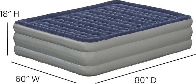 EMMA + OLIVER Inflatable Air Mattress - Queen Mattress, Flocked Top, Puncture Resistant, 18'' Thick, 650LB Capacity, Ideal for Camping, Guest Room, RV Travel, Plug-in Pump & Carrying Case Included