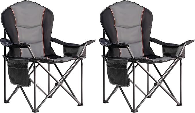 Large Camping Chair with Side Table Heavy Duty 500LBS - Folding Outdoor Chair with Cooler Bag (Black & Gray, 2 PCS)