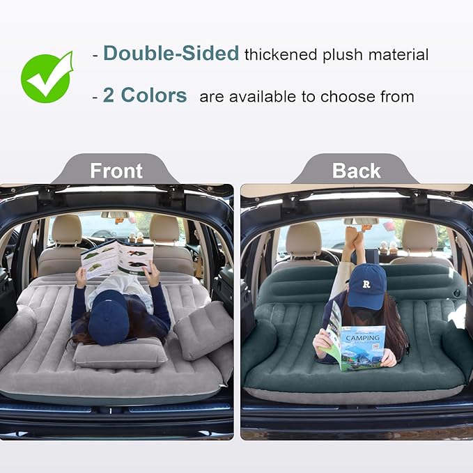 SUV Air Mattress, Double-Sided Thick Flocked Car Air Mattress with Built-in Pump & Pillow, Complete Sleeping Accessories for Auto Camping & Road Trips（Light Grey）