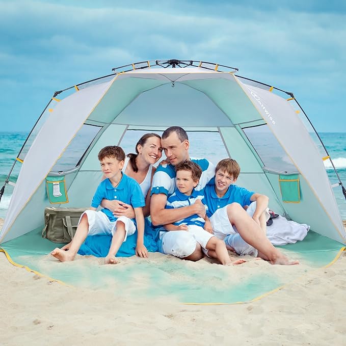Wolfwise Instant Beach Tent Sun Shelter with Zippered Extendable Porch for Privacy, Portable Beach Tents with Carrying Bag, Easy Setup Pop up Beach Shade for 6-7 Person, 110 x57x57 in, Mint Green