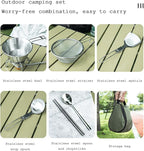 Stainless Steel Camping Tableware Kit with Bowls Strainer Spatula Spoon Chopsticks Storage Bag for Hiking Picnic
