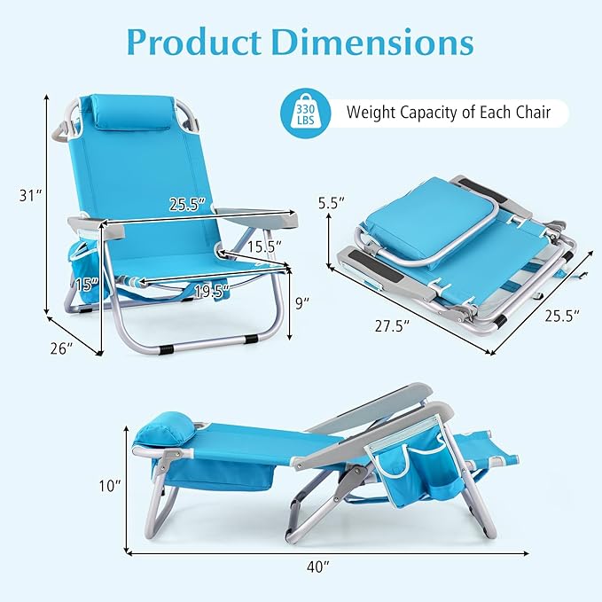 GYMAX Beach Chair, 330lbs Backpack Lounger with 5-Position Backrest, Storage Bag, Side Pocket, Towel Bar & Headrest, Foldable Low Beach Lounge, Portable Aluminum Lay Out Camp Chair (2, Light Blue)