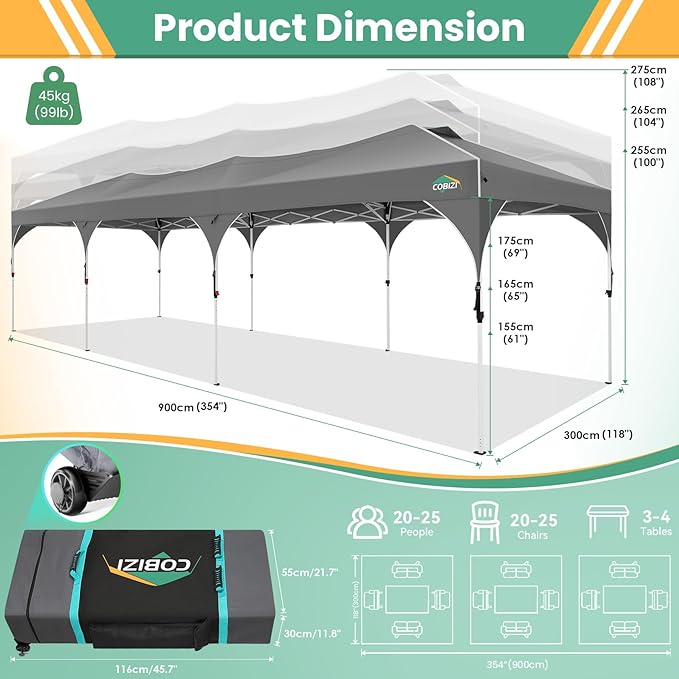 COBIZI 10x30 Pop Up Canopy Tent, Outdoor Party Tent with 5 Sidewalls, 1 Person Easy Set up, Tents for Parties with Fluorescent Strip & 4 Sandbags, Waterproof UPF50+, 3 Adjustable Height, Gray