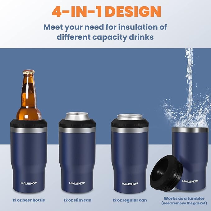 HAUSHOF 12 oz Can Cooler, 4 in 1 Insulated Stainless Steel Can Insulator, Fits for 12 oz Standard Can|12 oz Slim Can|12 oz Beer Bottle, Perfect for Camping, Beach, Picnic