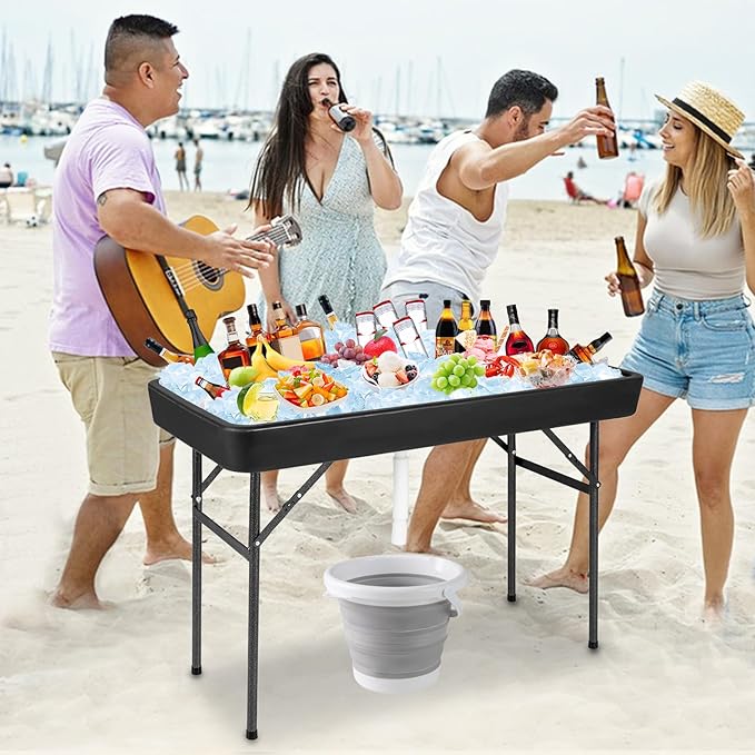 KOTEK Folding Ice Cooler Table with Matching Skirt, Drain Hose & Bucket, Foldable Buffet Beverage Cooler Server, Portable Chill Table for Party, Picnic, BBQ, Camping (Black)