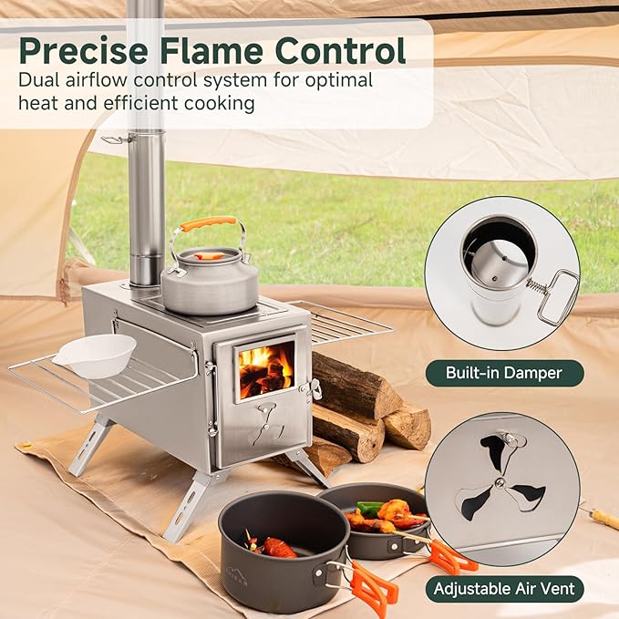 H&ZT Hot Tent Stove, Portable Wood Burning Stove with 7 Chimney Pipes, Ideal for Camping, Cooking & Winter Heating