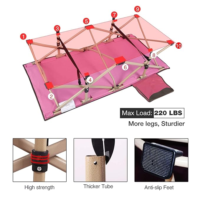 REDCAMP Extra Long Kids Cot for Sleeping 2-7 Years, Portable Travel Toddler Cot Bed with Carry Bag, Lightweight for Outdoor Indoor Home, Pink 53''x26''