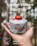 NEON Isobutane Fuel Canister, Portable Camping Gas 100g, Efficient and High Output Butane for Camp Stove, Backpacking, Hiking, Lanterns, Outdoor Cooking, Suitable for All Seasons