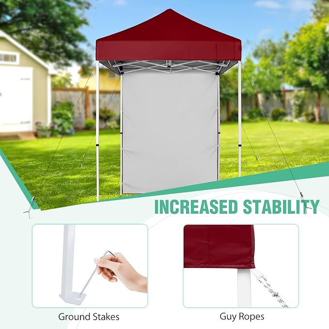 5x5 Pop Up Canopy Tent with One Sidewall, Instant Portable Beach Canopy, Outdoor Tent with Carry Bag for Camping, Sports, Tailgating, Events, Burgundy