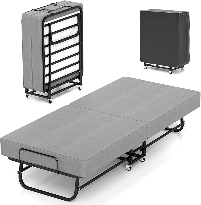 Folding Bed with Mattress, Portable Foldable Bed on Wheels for Adults, Memory Foam Mattress and Metal Frame, Space Saving Roll Away Beds for Easy Storage