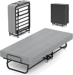 Folding Bed with Mattress, Portable Foldable Bed on Wheels for Adults, Memory Foam Mattress and Metal Frame, Space Saving Roll Away Beds for Easy Storage
