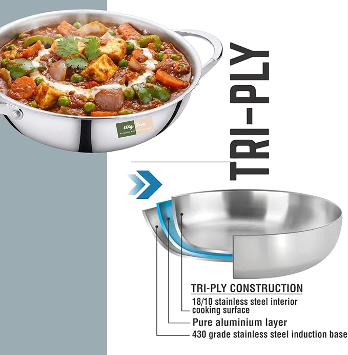 Stainless Steel Wok, Tri-Ply Pan for Stir-Frying, 8.60 Inch Small Kadhai without Lid, All Clad Kadai Cookware For Stews, Sauces, Soups, Saute, Induction Friendly Wok (1.7 Qt / 1.6 Litres)