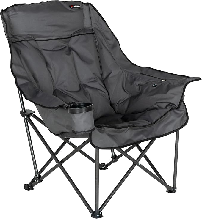 Lippert Big Bear Dark Grey Heated Folding Camping Chair with Power Bank, Two Heat Zones, 400-lb. Weight Capacity, 600D Polyester Fabric, High-Loft Cushioning, Zippered Carrying Bag - 2024043334