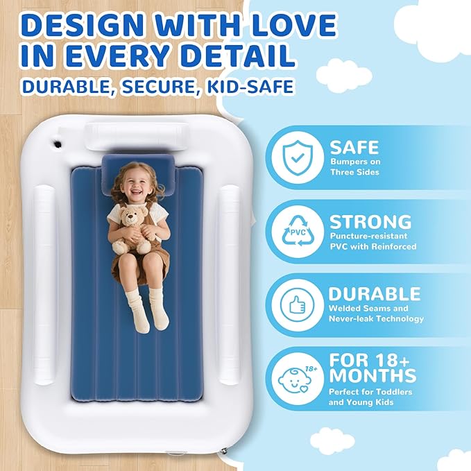 Inflatable Toddler Travel Bed - 60 Inches Portable Toddler Bed for Travel with Safety Sides - Cozy Kids Air Mattress Set with Built-in Electric Pump & Carry Case- Easy to Inflate - Sea Blue