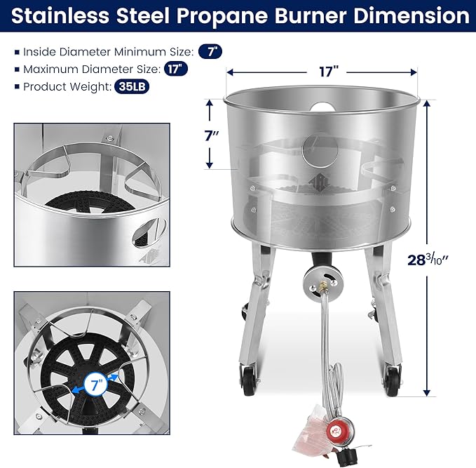 ARC Stainless Steel Single Propane Burner With 200,000BTU High-Output, Outdoor Stove Burner, Wheeled legs and 360° Windscreen, Ideal Outdoor Cooker Propane Burners For Turkey Fryer