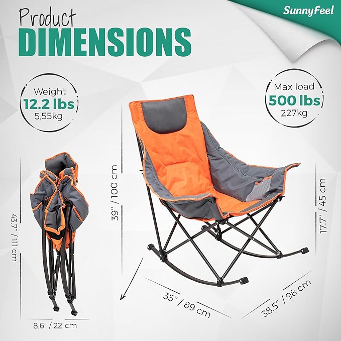 SUNNYFEEL Oversized Heated Rocking Camping Chair, Fully Padded Patio Chair with Side Pocket, High Back Portable Lawn Recliner with Carry Bag, Outdoor Rocker Camp Chair for Adults Heavy Duty 500 LBS